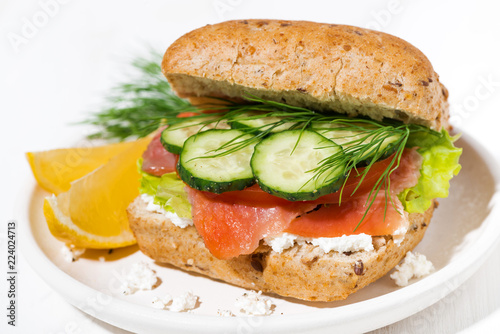 sandwich with salted fish, fresh vegetebles and cream cheese on the plate, closeup
