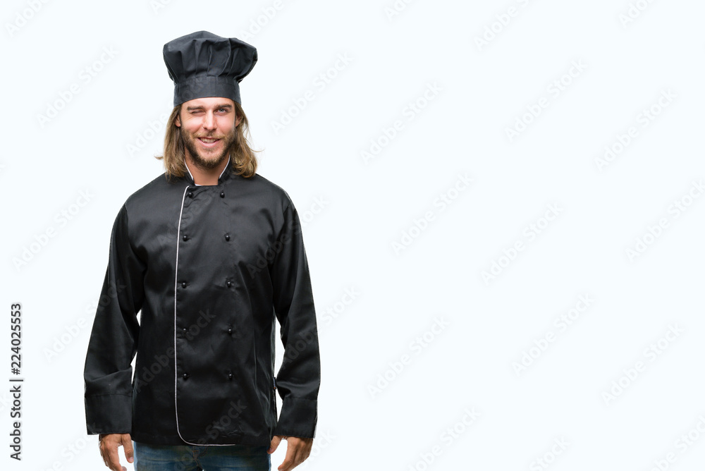 Young handsome cook man with long hair over isolated background winking looking at the camera with sexy expression, cheerful and happy face. Young handsome cook man with long hair over isolated background winking looking at the camera with sexy expression, cheerful and happy face.