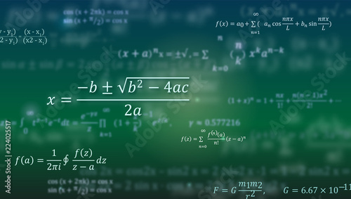 Mathematical formulas. Abstract green background with Math equations floating on blackboard. Pattern for cover, presentation, leaflets. Vector 3D illustration.