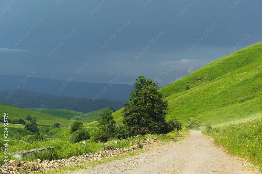 A rural road between the hills with trees along the edges and thunderstorm clouds in the summer A rural road between the hills with trees along the edges and thunderstorm clouds in the summer