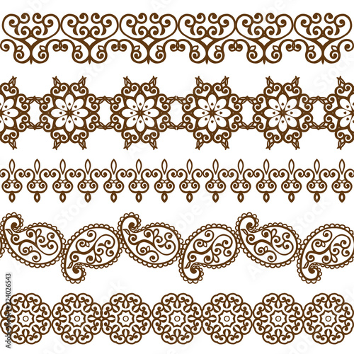 Set of oriental borders with paisley. Traditional paisley pattern. Mehndi and tattoo. Decorative pattern in ethnic oriental style.