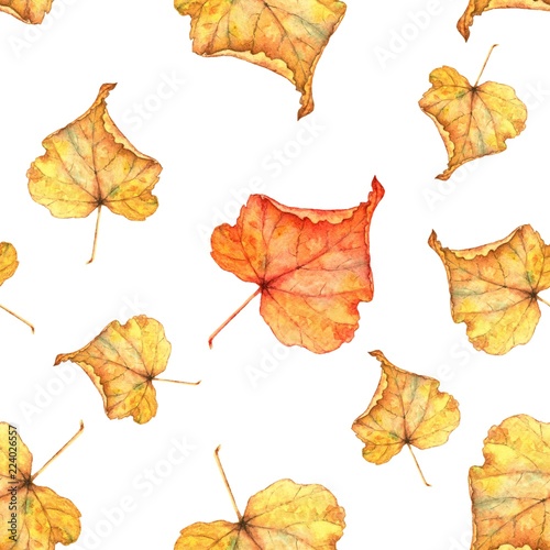 Autumn foliage. Seamless watercolor pattern. Hand-drawing