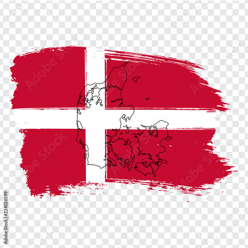 Flag Denmark from brush strokes and Blank map Denmark . High quality map of Denmark  and flag on transparent background. Stock vector. Vector illustration EPS10.