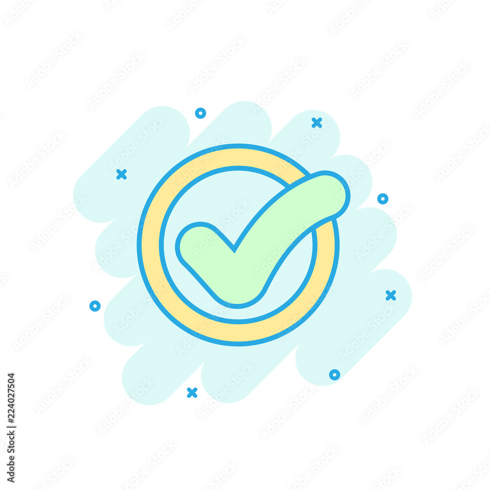 Cartoon colored check mark icon in comic style. Ok sign illustration pictogram. Approved splash business concept. Cartoon colored check mark icon in comic style. Ok sign illustration pictogram. Approved splash business concept.