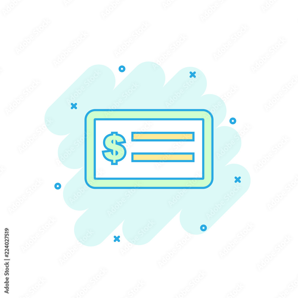 Cartoon colored money check icon in comic style. Bank checkbook sign illustration pictogram. Check splash business concept. Cartoon colored money check icon in comic style. Bank checkbook sign illustration pictogram. Check splash business concept.