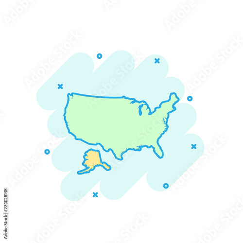 Cartoon colored America map icon in comic style. USA sign illustration pictogram. Country geography splash business concept.