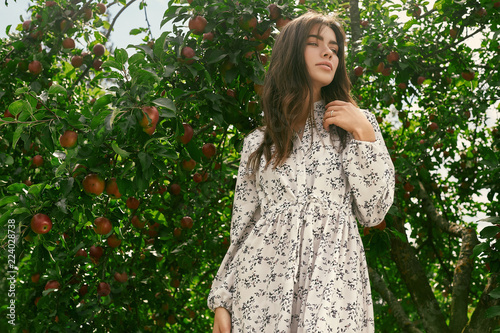 Gorgeous brunette woman in fashion classic dress in apple garden