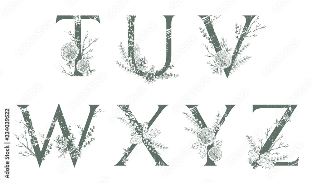 Vector Hand Drawn Xmas letters monograms or logo. Uppercase T, U