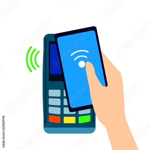 POS terminal confirms the payment made through mobile phone. NFC payments. flat style. Mobile Banking and Payments