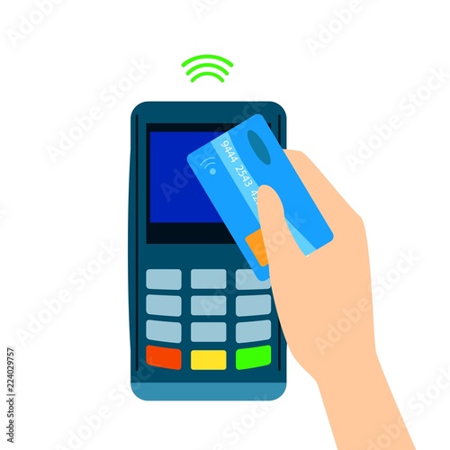 POS terminal confirms the payment made through mobile phone. NFC payments. flat style. Mobile Banking and Payments