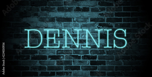 first name Dennis in blue neon on brick wall