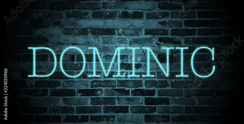 first name Dominic in blue neon on brick wall photo