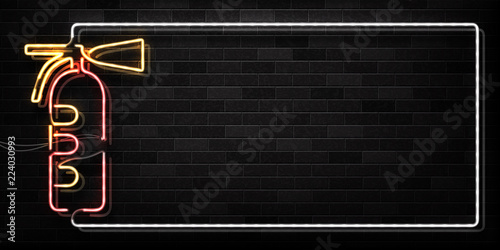 Vector realistic isolated neon sign of extinguisher frame logo for decoration and covering on the wall background. Concept of firefighting, protection and fire prevention.