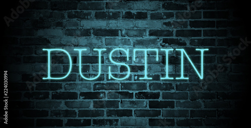 first name Dustin in blue neon on brick wall photo
