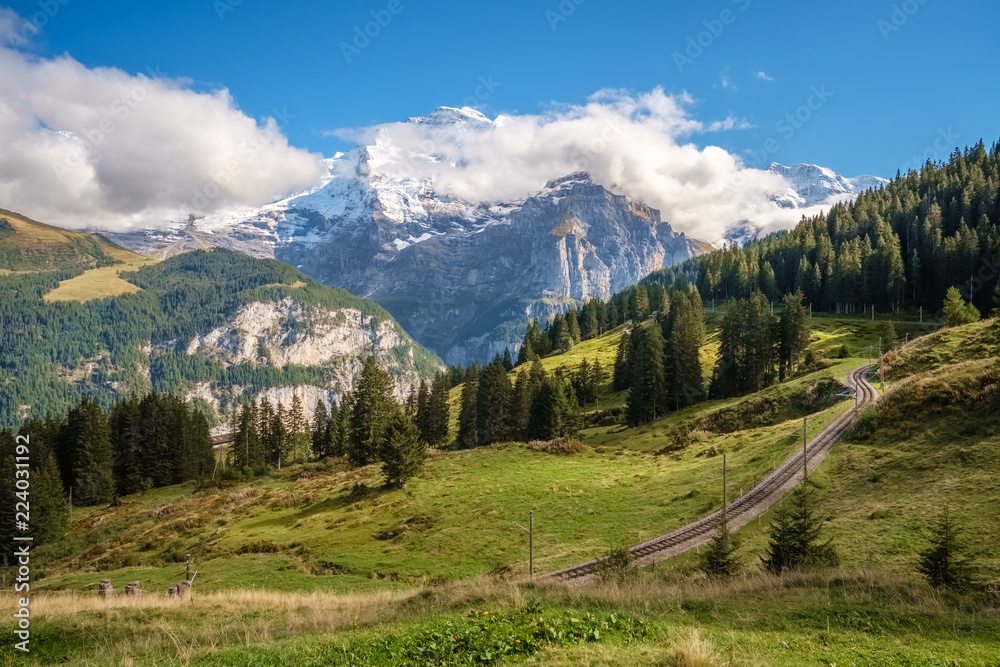 Obraz premium Spectacular mountain views near the town of Murren (Berner Oberland, Switzerland). Murren is a traditional mountain village on 1,650 m and is unreachable by public road.