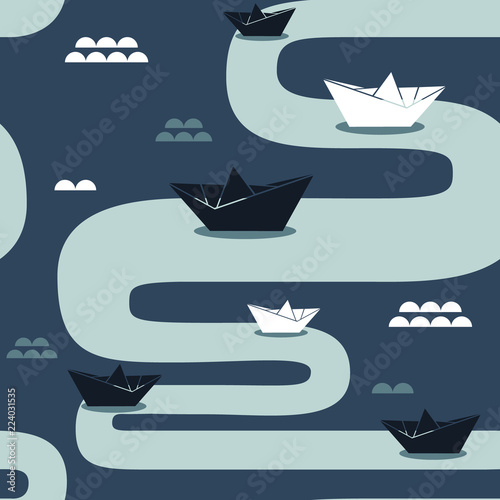 Collection of paper boats, marine seamless pattern vector. Colorful backdrop with ships of paper. Decorative colored wallpaper, good for printing. Hand drawn overlapping background