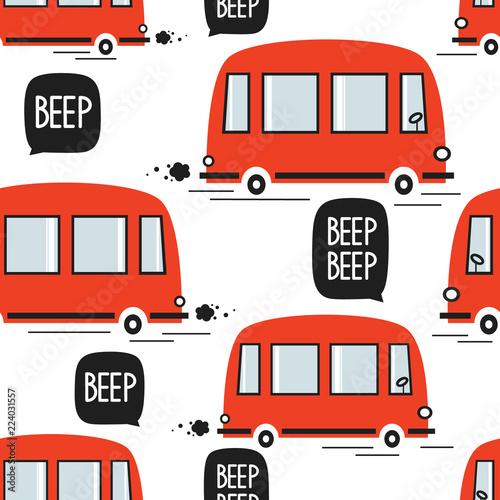 Red buses, hand drawn backdrop. Colorful seamless pattern with transport. Decorative cute wallpaper, good for printing. Overlapping colored background vector