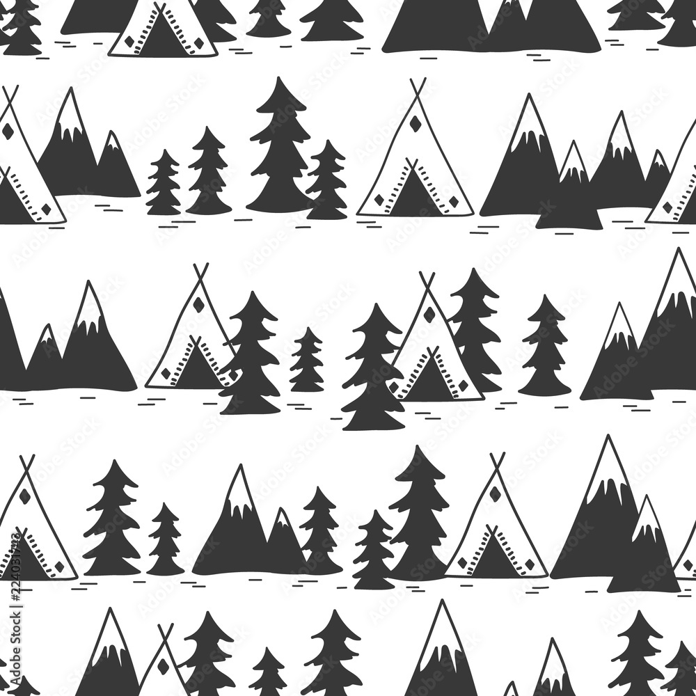 Obraz premium Landscape, seamless pattern vector. Backdrop, mountains, wigwams, fir trees. Decorative wallpaper, good for printing. Hand drawn overlapping background
