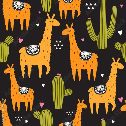 Lamas, cactuses, hearts, hand drawn backdrop. Colorful seamless pattern with animals and cacti. Decorative cute wallpaper, good for printing. Overlapping background vector, happy alpacas. Llama