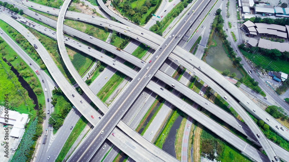 a baffling maze of high-speed expressways encircles the city. , Aerial view interchange of Thailand.