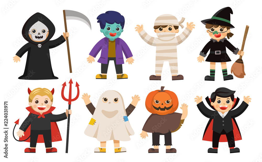Set of Happy Halloween. Funny children in colorful costumes.