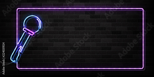 Vector realistic isolated neon sign of microphone frame logo for decoration and covering on the wall background. Concept of night club, live music and karaoke bar. photo