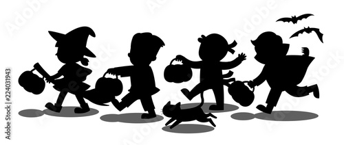 Happy Halloween. Silhouette of Children dressed in Halloween fancy dress to go Trick or Treating.Template for advertising brochure.