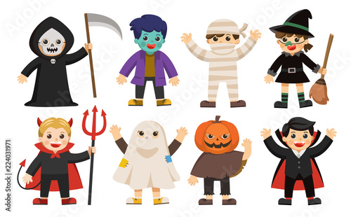 Set of Happy Halloween. Funny children in colorful costumes.