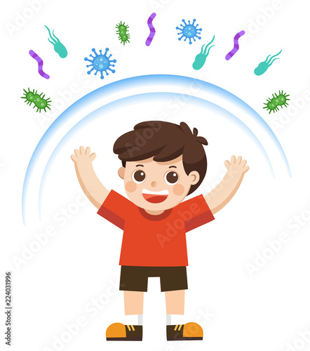 Healthy Boy reflect bacteria attack. Healthy lifestyle.