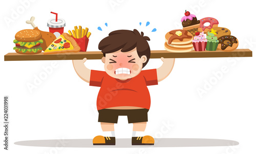 The Boy unhealthy body from eating junk food. Unhealthy lifestyle concept.