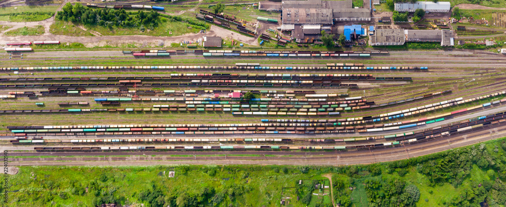 Naklejka premium Gałęzie kolei na stacji rozrządowej, wiele wagonów towarowych z wysokości