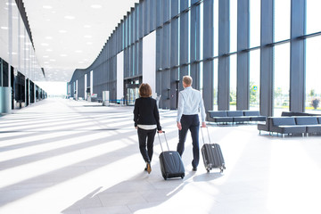 Business people walking with wheeled bags