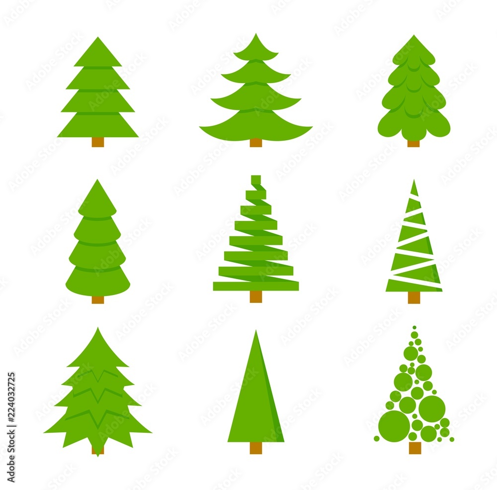 Firs of different shapes. Set of icons of Christmas trees in a flat style. Vector isolated