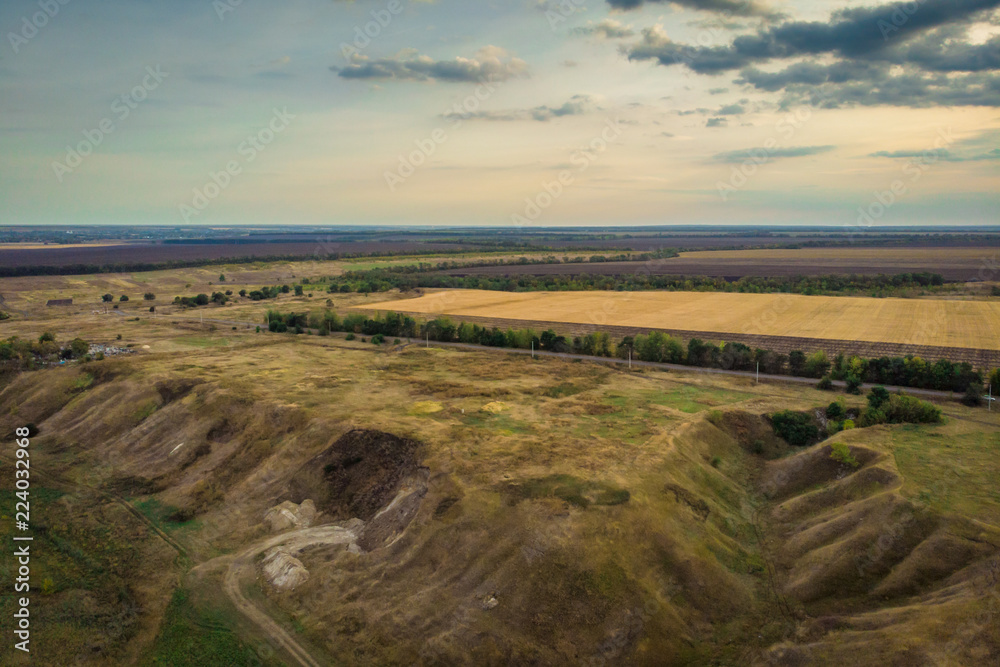 Aerial view of nature panorama with hills and meadows in rural area, drone photo Aerial view of nature panorama with hills and meadows in rural area, drone photo
