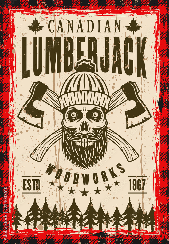 Obraz premium Lumberjack vector poster with bearded skull
