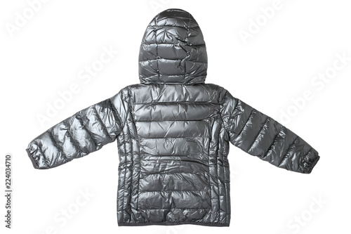 Children’s jacket isolated. Fashionable silver gray warm down jacket isolated on a white background. Childrens wear. Back site.