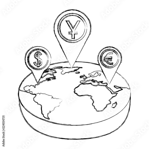 world isometric pointer location dollar yen euro money