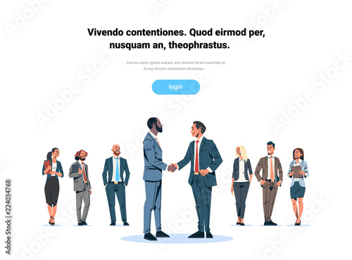 businessmen handshake agreement concept mix race business men team leader hand shake international partnership communication cartoon character isolated flat full length horizontal copy space vector