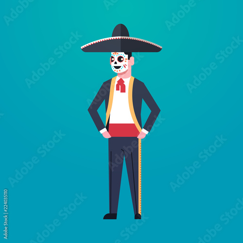 day of dead traditional mexican halloween man wearing traditional clothes skeleton mask dia de los muertos holiday party male cartoon character full length flat vector illustration.