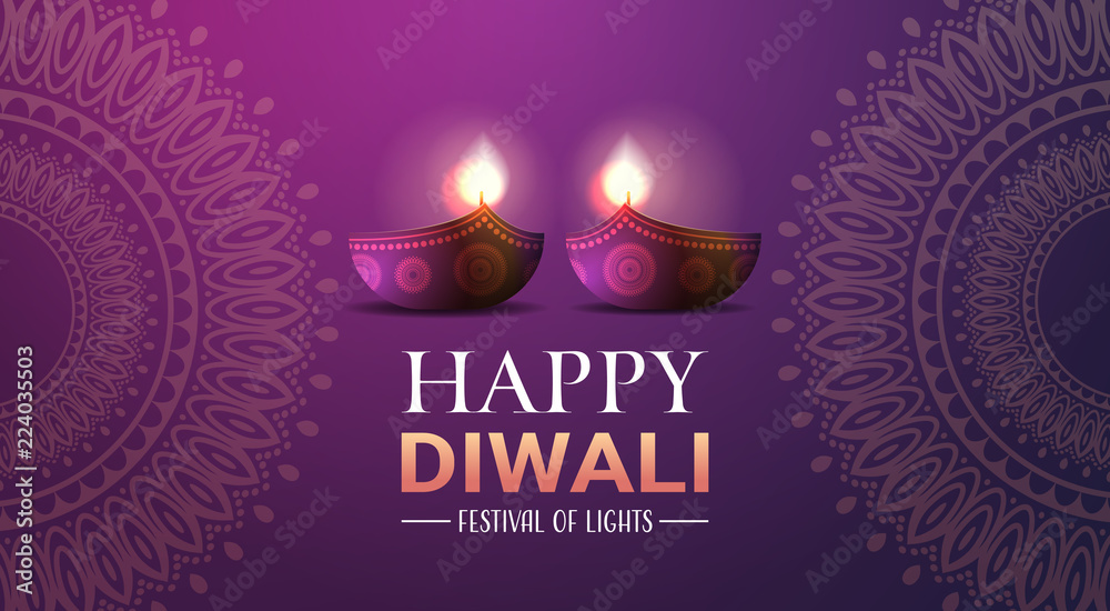 happy diwali traditional indian lights hindu festival celebration holiday concept flat greeting card template invitation horizontal copy space vector illustration