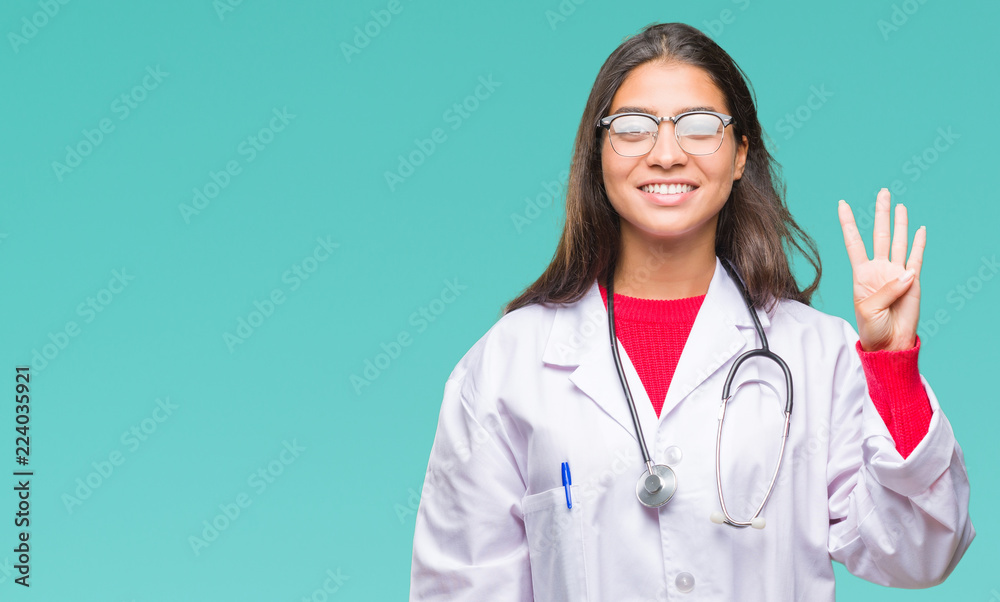 Young arab doctor woman over isolated background showing and pointing up with fingers number four while smiling confident and happy. Young arab doctor woman over isolated background showing and pointing up with fingers number four while smiling confident and happy.