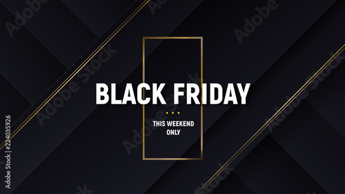 Black friday luxury sale banner. Black background with papercut layers and golden glittering lines. Modern minimalistic of commercial discount event poster. Vector illustration.