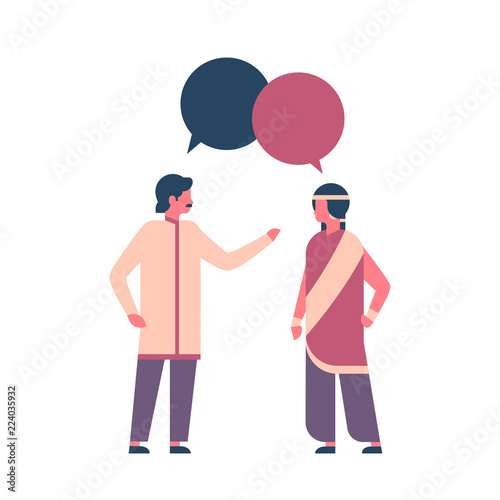 indian couple wearing national traditional clothes hindu man woman chat bubble communication concept male female cartoon character full length isolated flat vector illustration