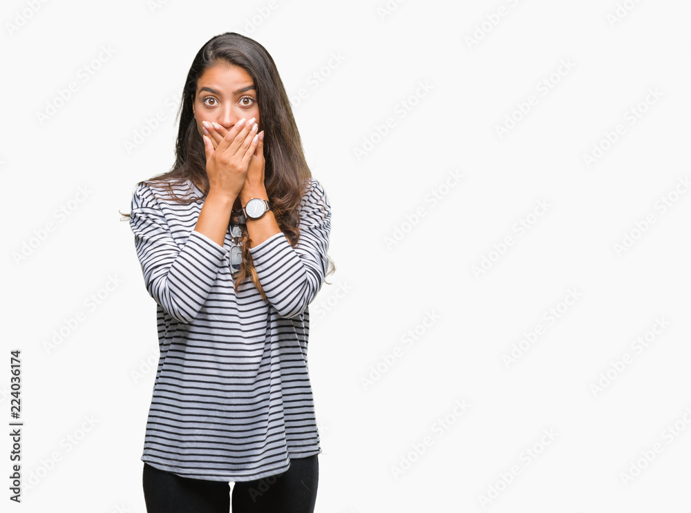 Young beautiful arab woman wearing sunglasses over isolated background shocked covering mouth with hands for mistake. Secret concept. Young beautiful arab woman wearing sunglasses over isolated background shocked covering mouth with hands for mistake. Secret concept.