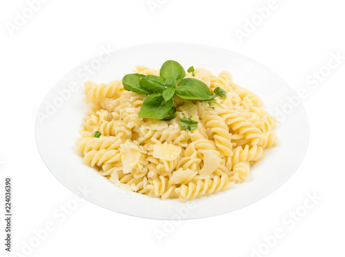 Fusilli Pasta Al Dente with Parmigiano Reggiano Cheese Isolated