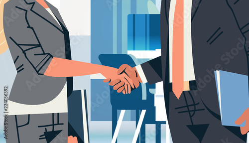 businessman woman handshake agreement deal concept business people partnership communication modern office interior female male cartoon character flat horizontal vector illustration
