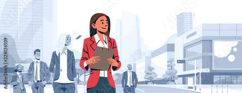 businesswoman team leader boss stand out business people group individual leadership concept female cartoon character portrait cityscape background horizontal banner flat vector illustration