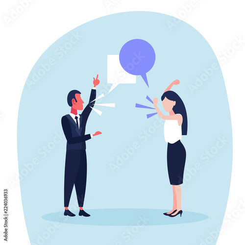 couple quarrel business conflict situation people shouting each other chat bubble dispute concept boss argue employee hard working process male female cartoon character full length vector illustration