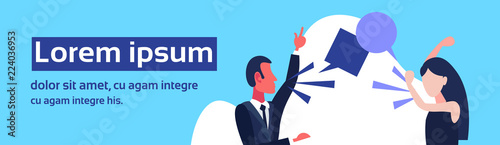 couple quarrel business conflict situation people shouting each other chat bubble dispute concept boss argue employee cartoon character portrait horizontal banner copy space vector illustration