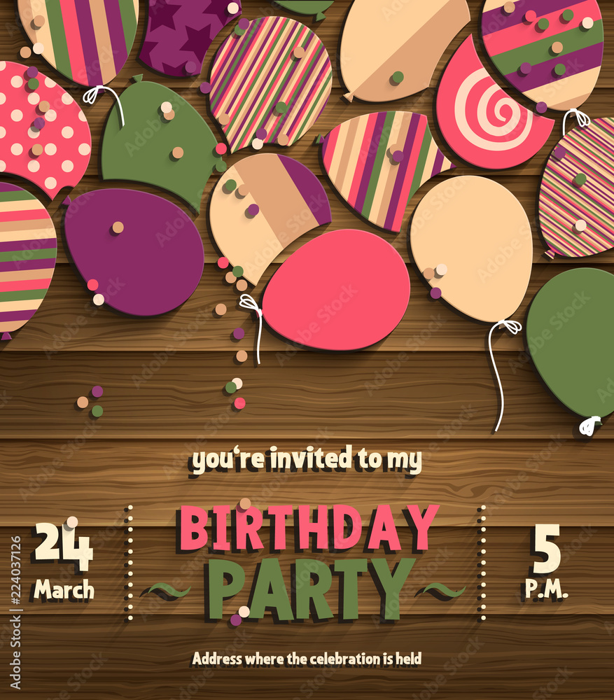 Birthday party invitation card with colorful flat balloons on wooden  background. Vector. Stock Vector | Adobe Stock